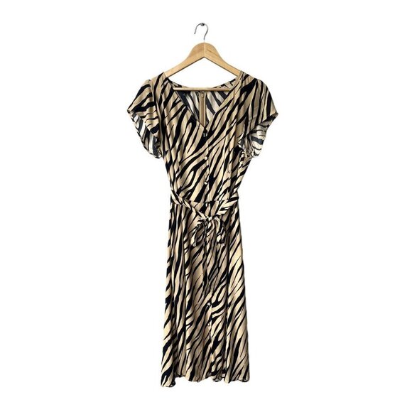 Talbots Animal Print Midi Dress Size 12 Faux Wrap Tie Button Front Short Sleeve - Picture 3 of 11